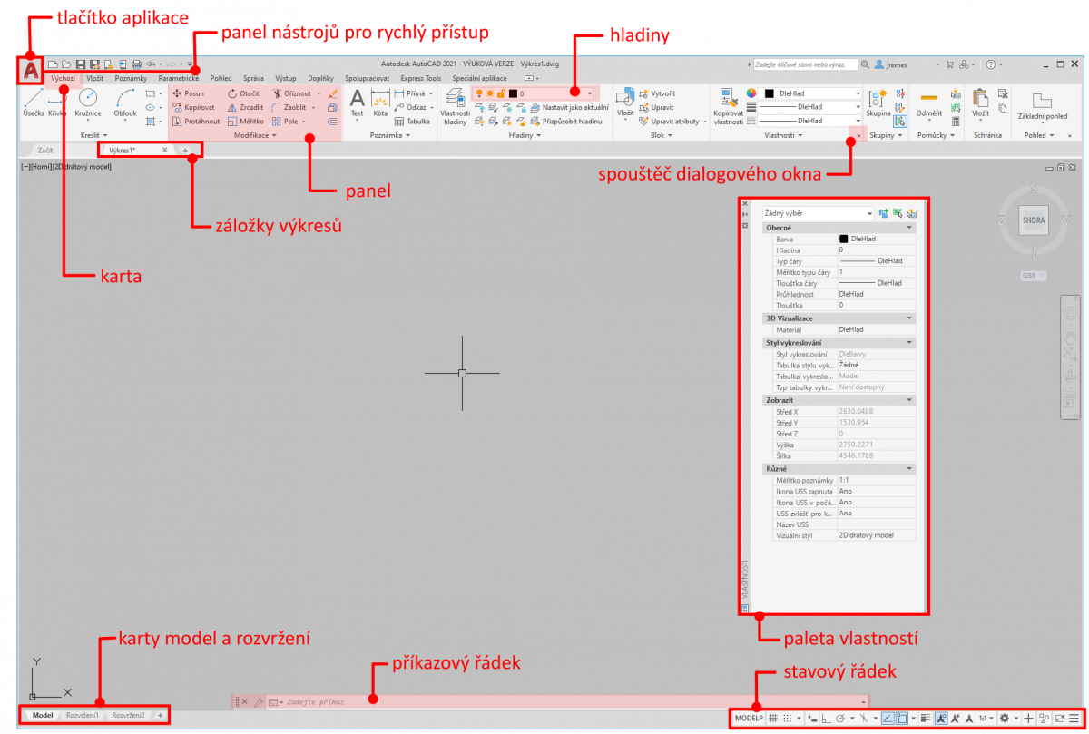 Okno AutoCADu a popis uživatelského rozhraní